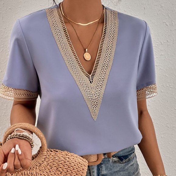 Bohemian Royal Blue V neck Lace Solid Minimalist Blouse - Picture 12 of 13